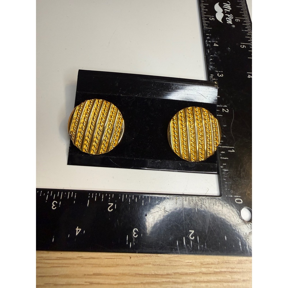 Gold Tone Ribbed Rope Textured Round Button Stud Earrings 1 Inch